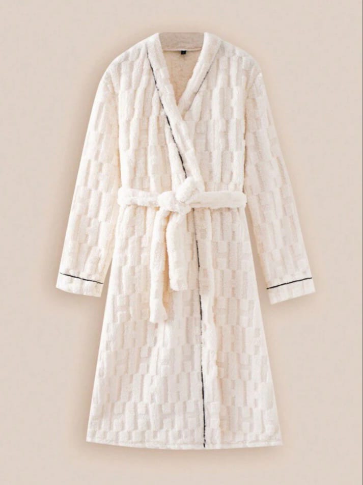 DREAM-CITY Men's Off-White Simple Contrast Trim Jacquard Fleece Thicken Bathrobe
